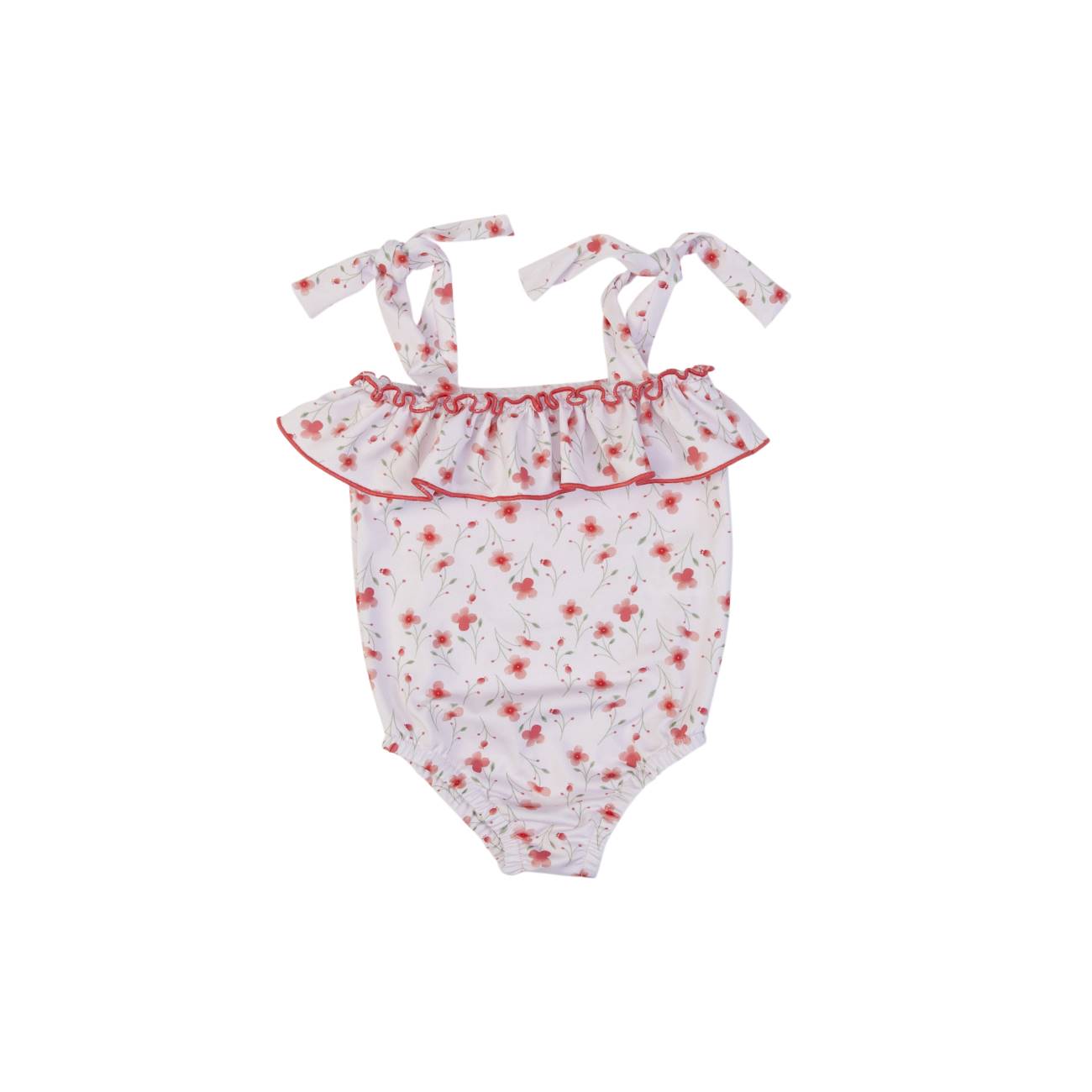 Fato de banho infantil branco com estampa floral vermelha e folho