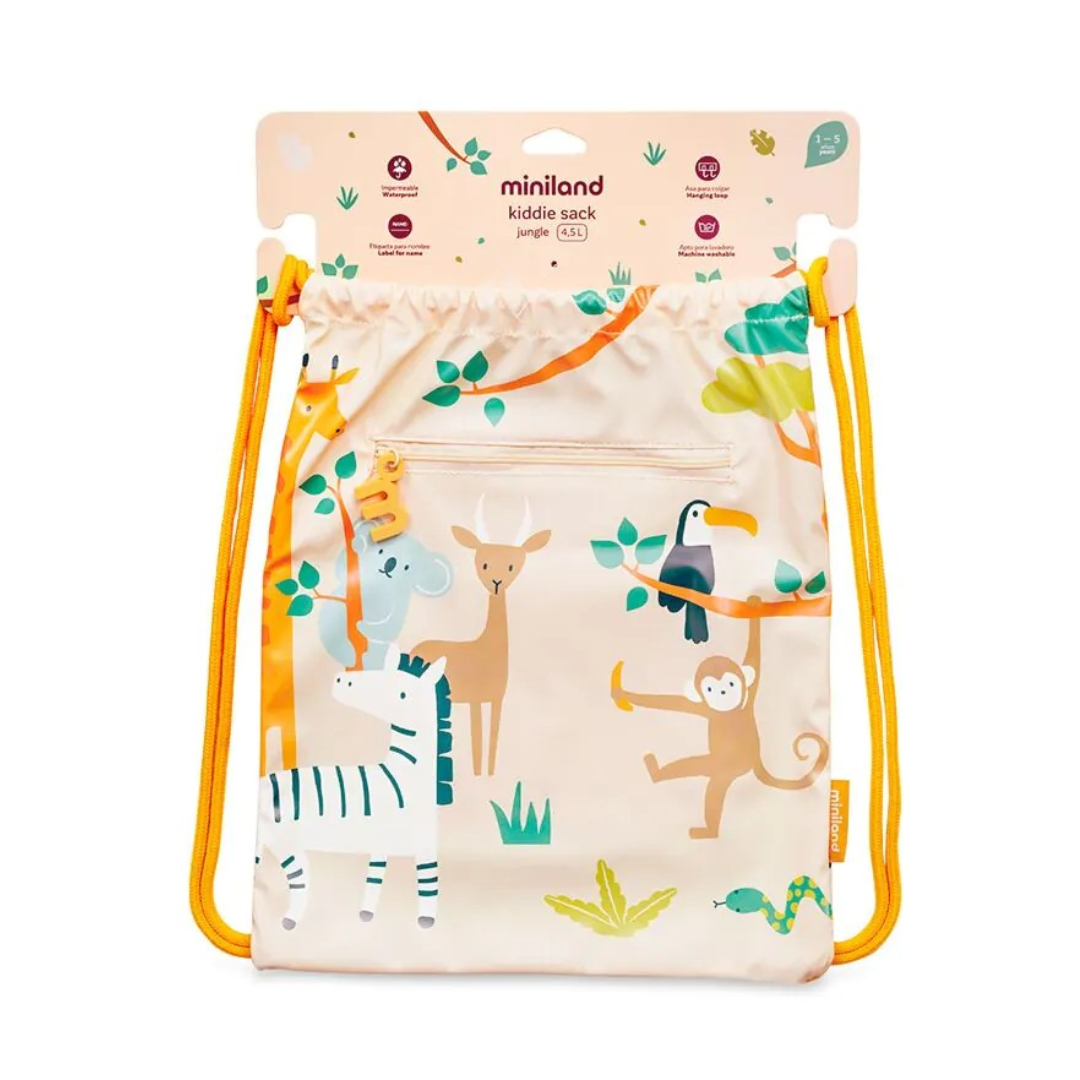 Sacola infantil estampada com animais da floresta e cordões amarelos