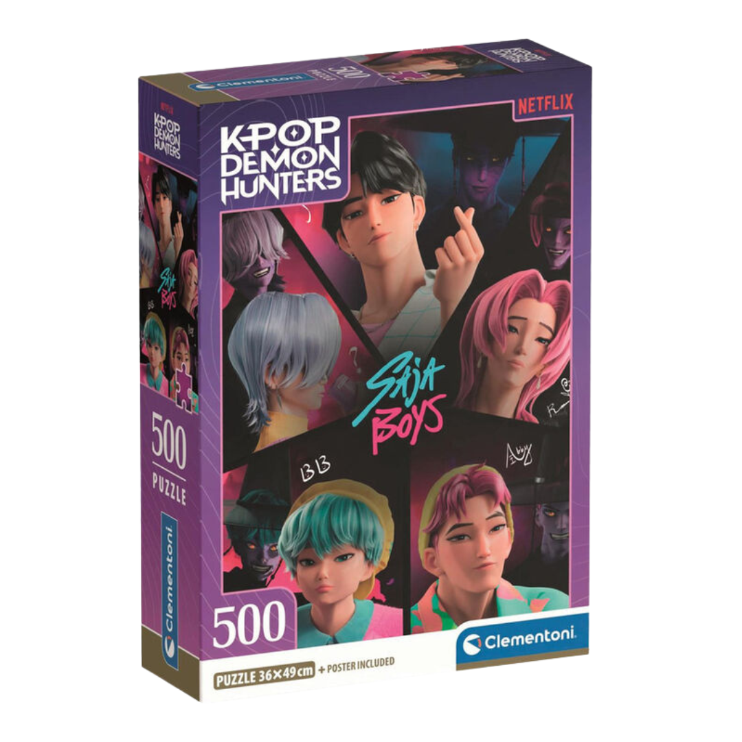 Caixa de quebra-cabeças com tema K-POP DEMON HUNTERS com personagens animados e fundo roxo.