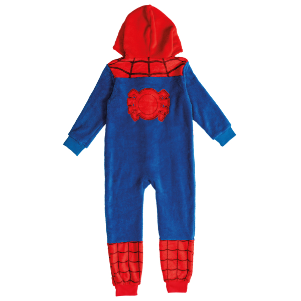 Macacão infantil azul e vermelho com padrão teia de aranha e capuz