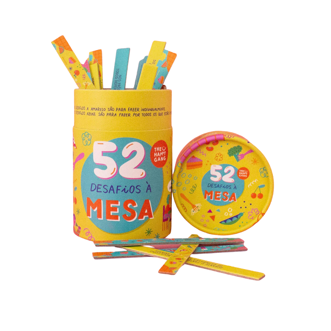 Conjunto de 52 desafios à mesa com embalagem amarela e palitos coloridos