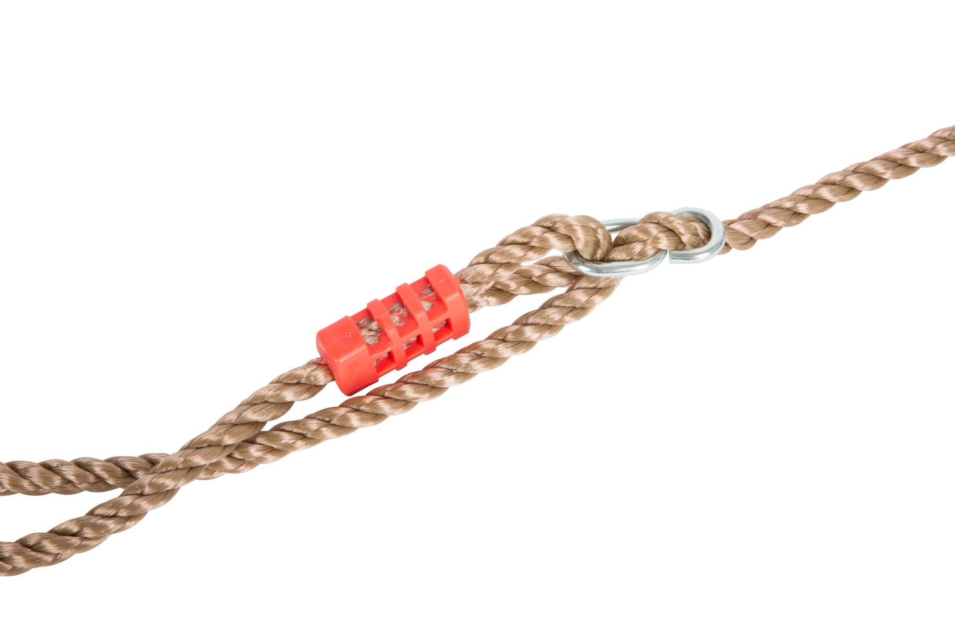 Corda trançada com interruptor vermelho e elo metálico, fundo branco.