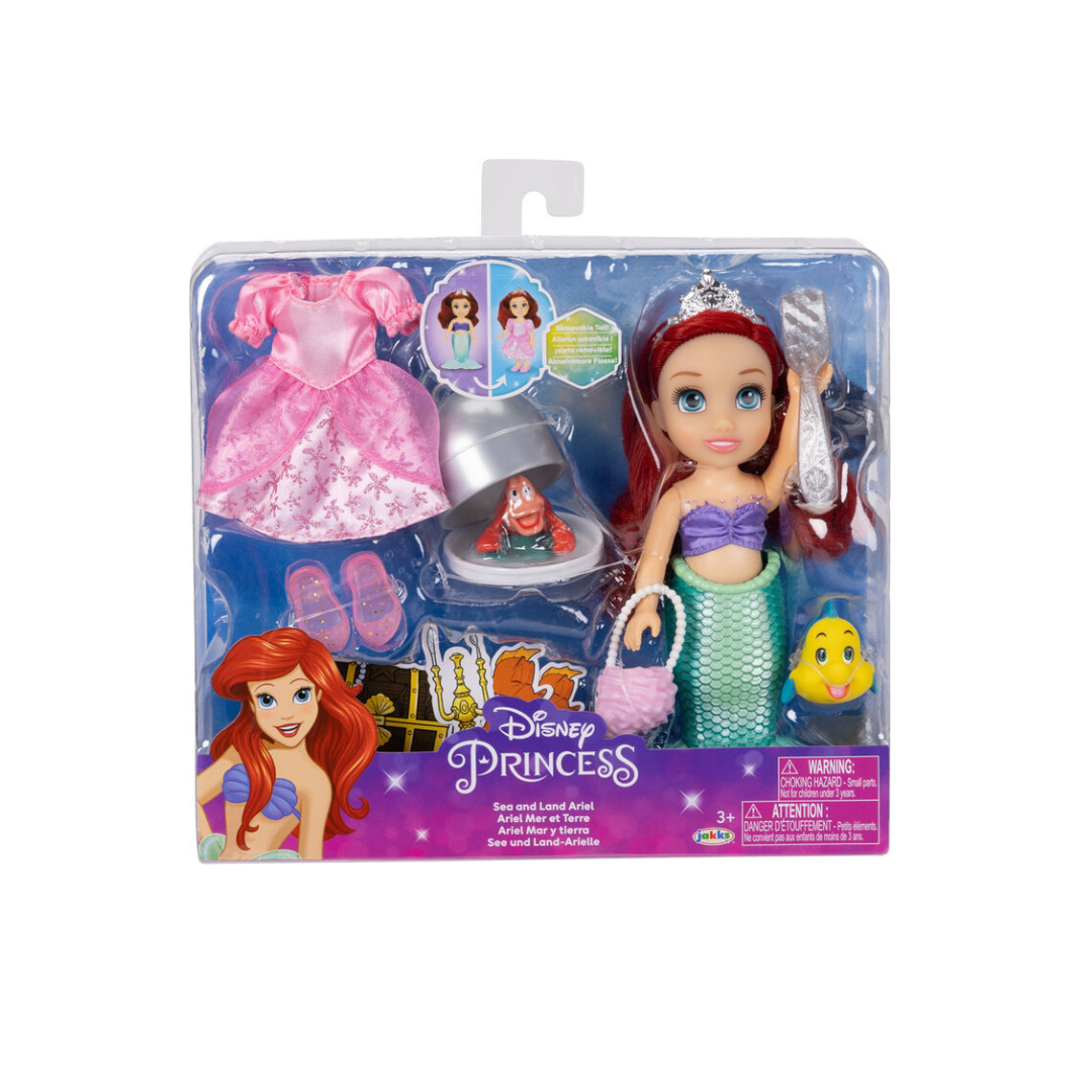 Boneca Disney Princess Ariel com vestido e acessórios em embalagem.