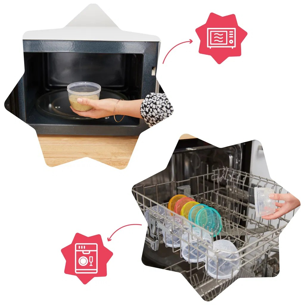 Micro-ondas com recipiente de comida e máquina de lavar louça com recipientes plásticos coloridos