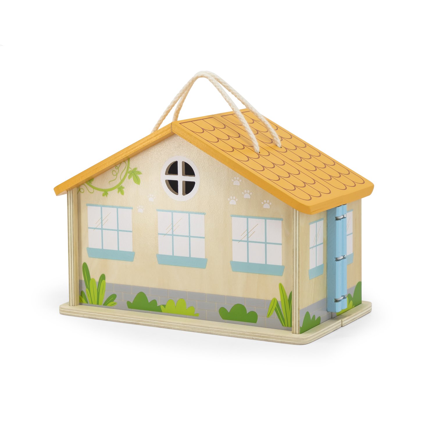 Casa de madeira decorativa com janelas azuis, plantas verdes e telhado amarelo com padrão de telhas