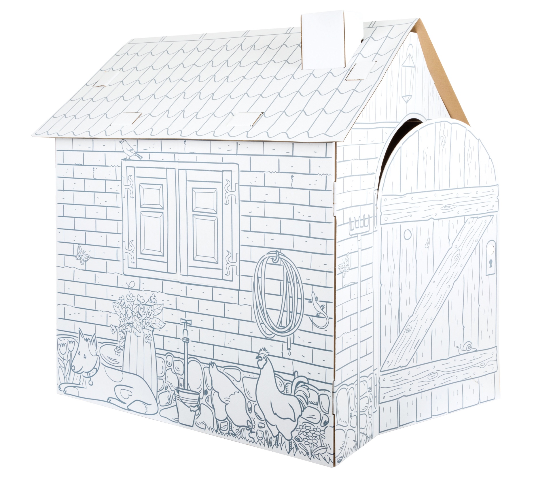 Casa de brincar em cartão branco com desenhos a preto de telhado, janela, porta de madeira, cão e galinhas.