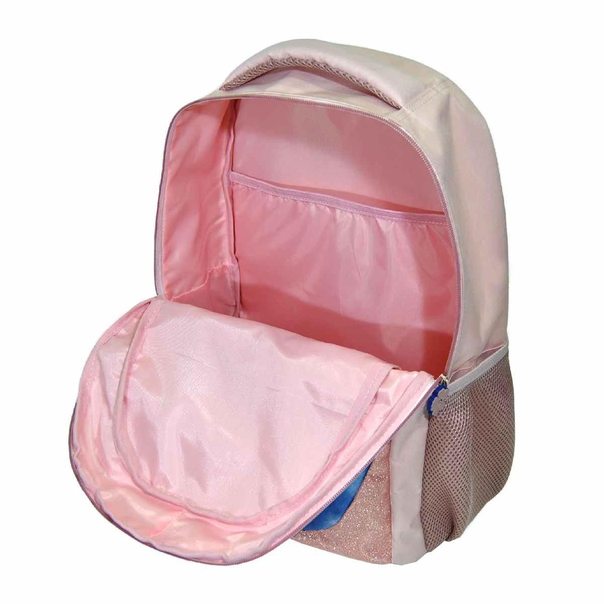 Mochila rosa claro com interior rosa e bolsos em rede
