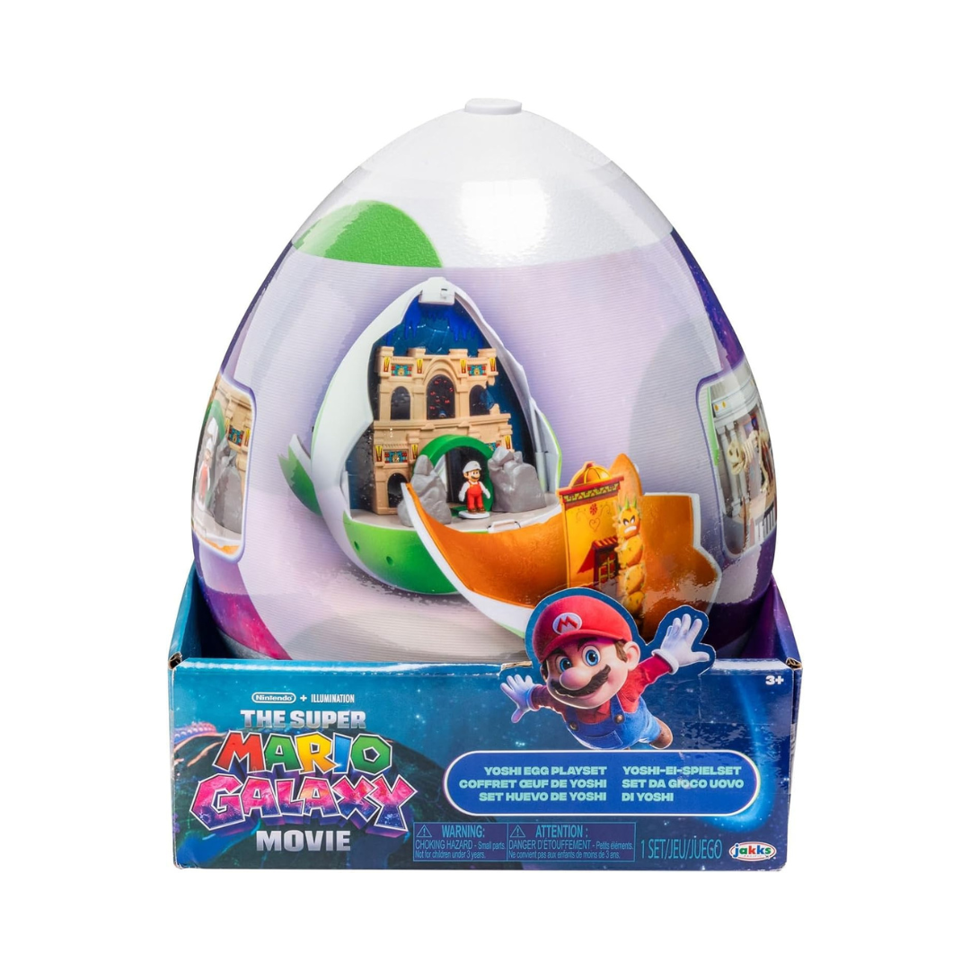 Conjunto Yoshi Egg Playset Super Mario Galaxy movie em caixa azul com personagem Mario e ovo verde e branco transparente