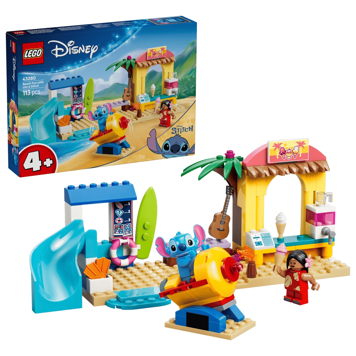 Conjunto LEGO Disney Lilo & Stitch com 113 peças e quiosque de praia amarelo e azul.