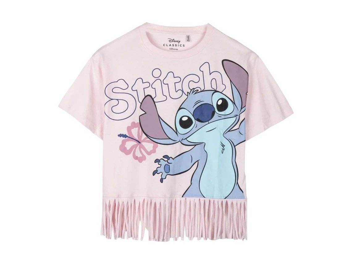T-shirt rosa claro com estampa do Stitch e franjas