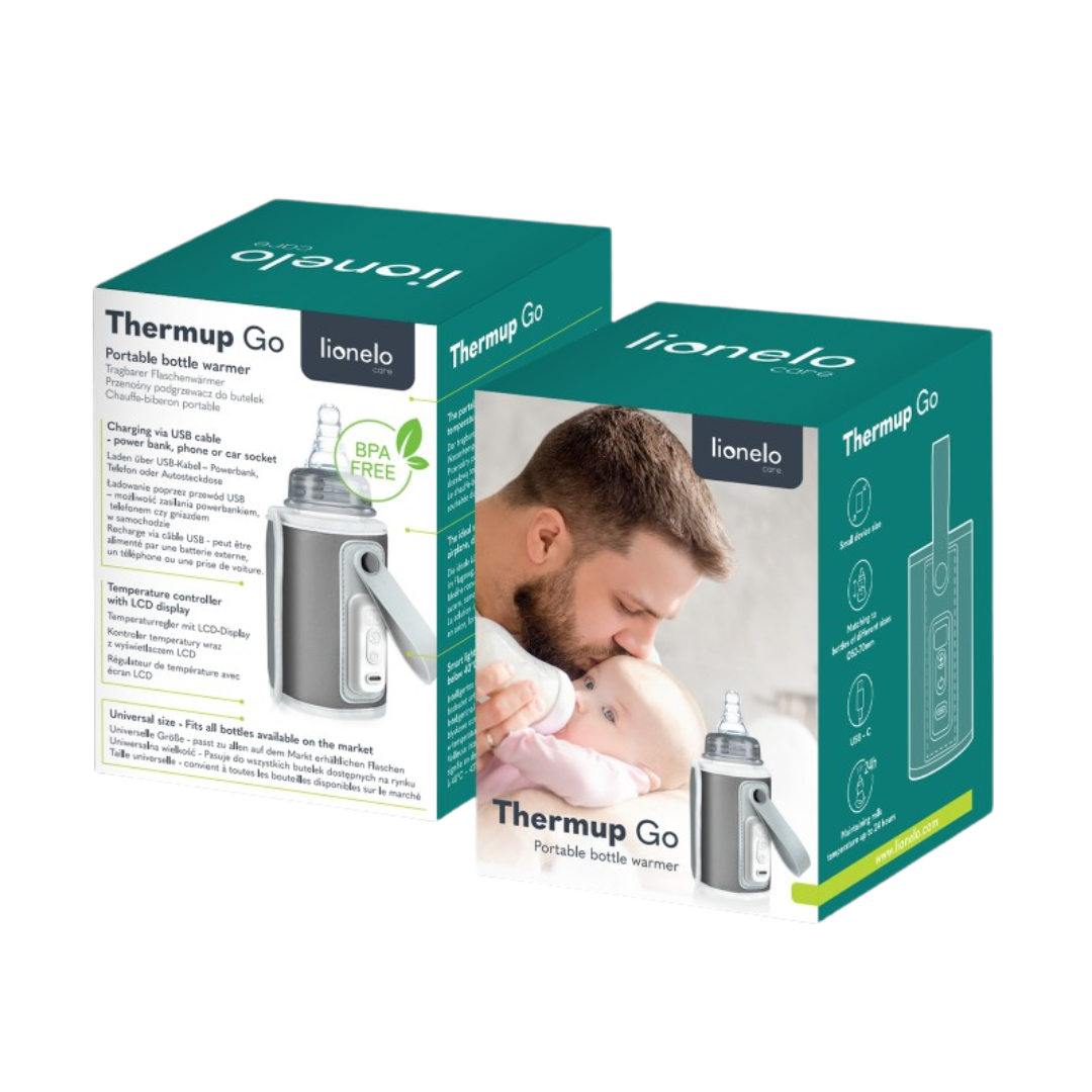 Embalagem do aquecedor portátil de biberões Thermup Go da Lionelo com imagem de homem a alimentar bebé