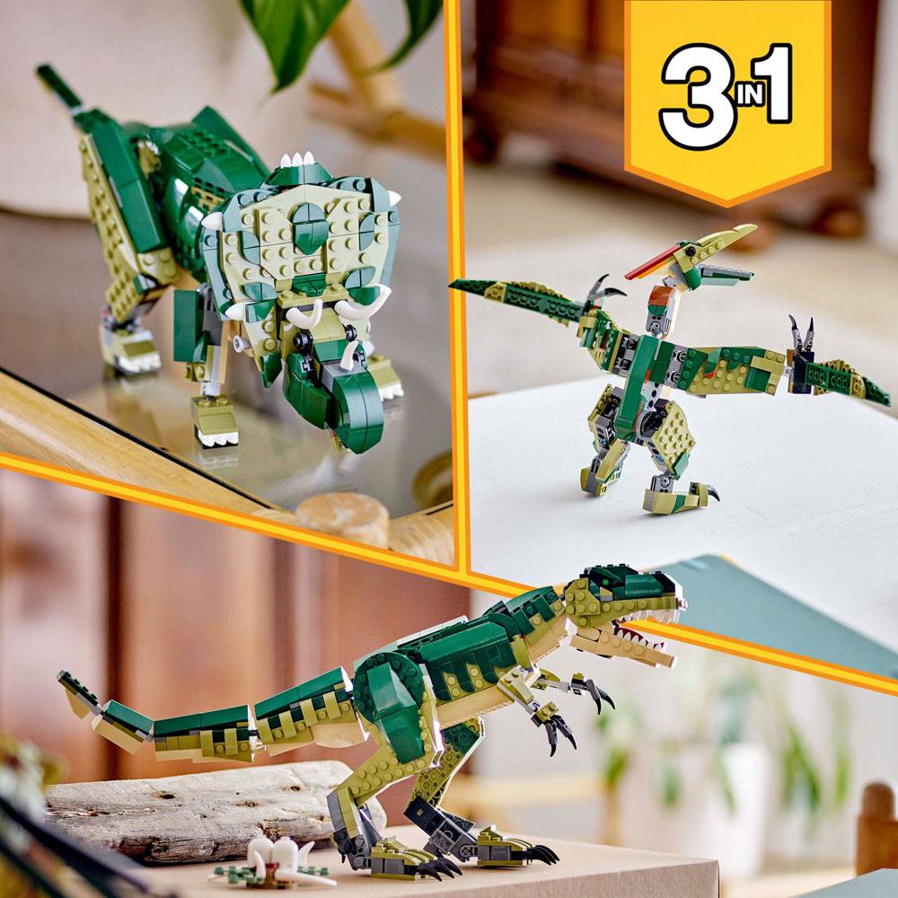 Três dinossauros de blocos de montar em verde, bege e preto, com texto '3 IN 1' em fundo amarelo.