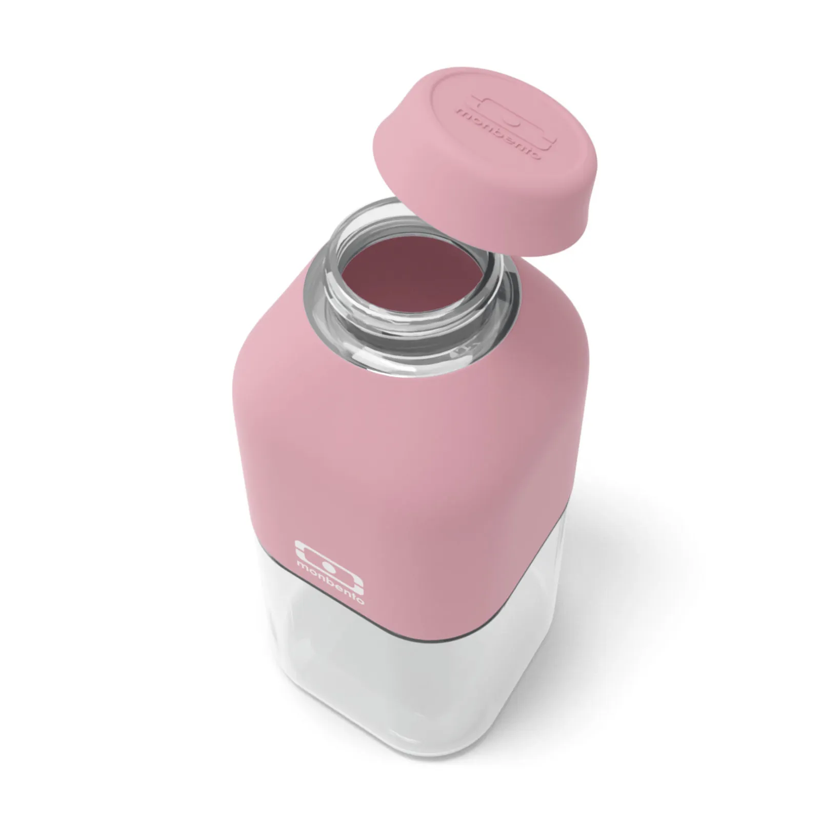 Garrafa transparente com tampa rosa destacada e revestida em silicone