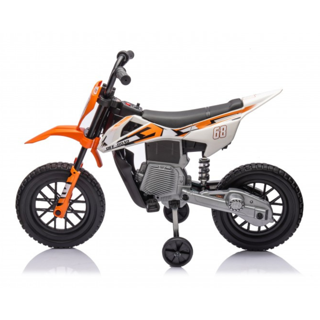 Motociclo infantil laranja, branco e preto com rodas de equilíbrio