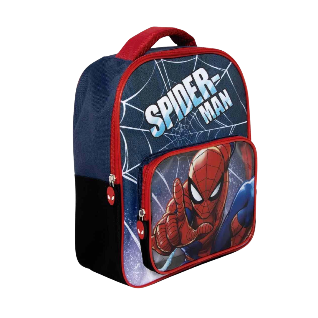 Mochila infantil Homem-Aranha azul, preta e vermelha com estampa e texto