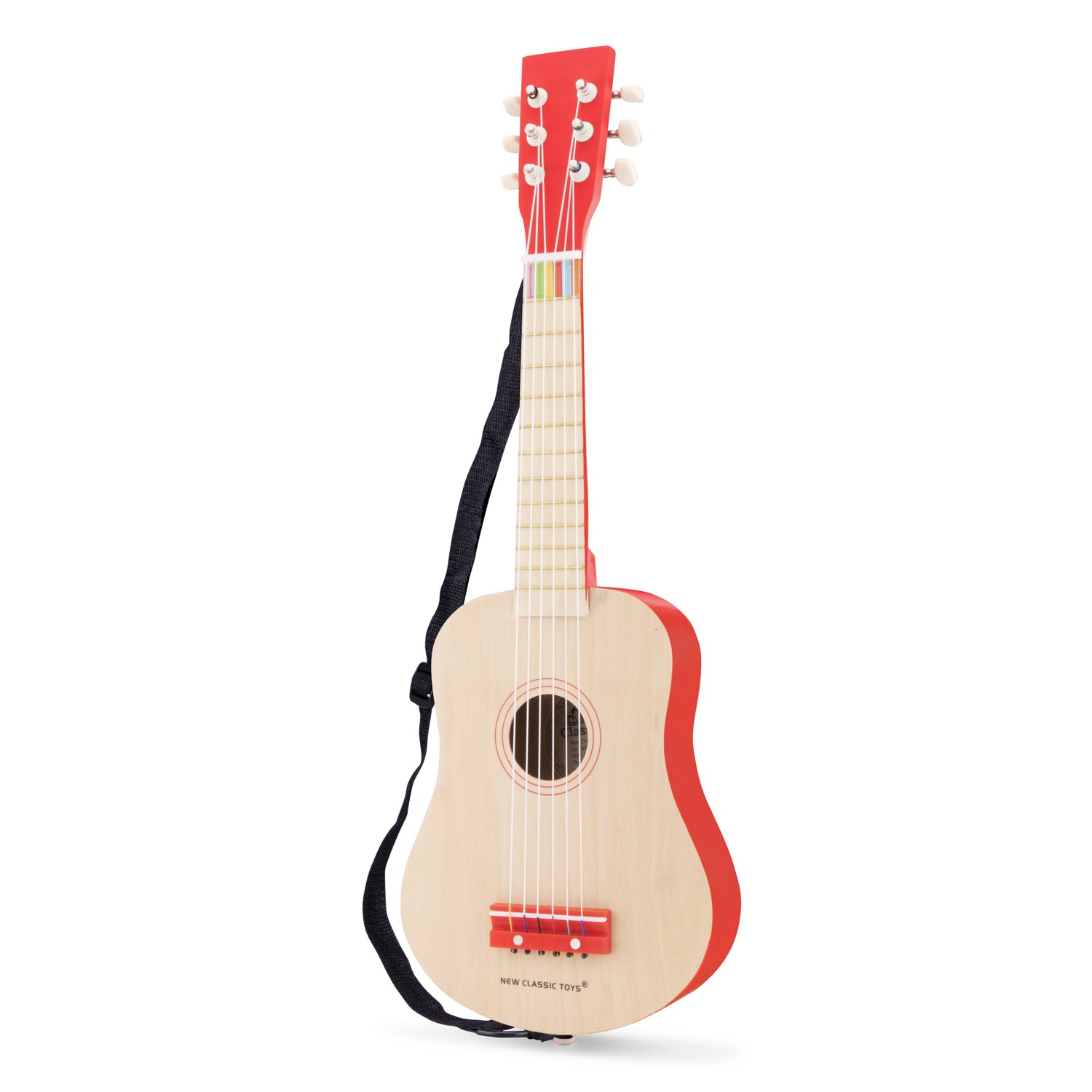 Guitarra pequena de madeira clara com bordas vermelhas e alça preta