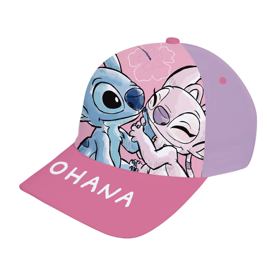 Boné rosa e lilás com personagens e texto OHANA