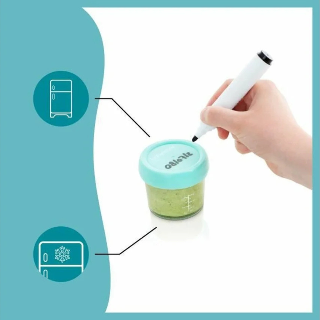 Frasco de vidro com tampa azul e marcador