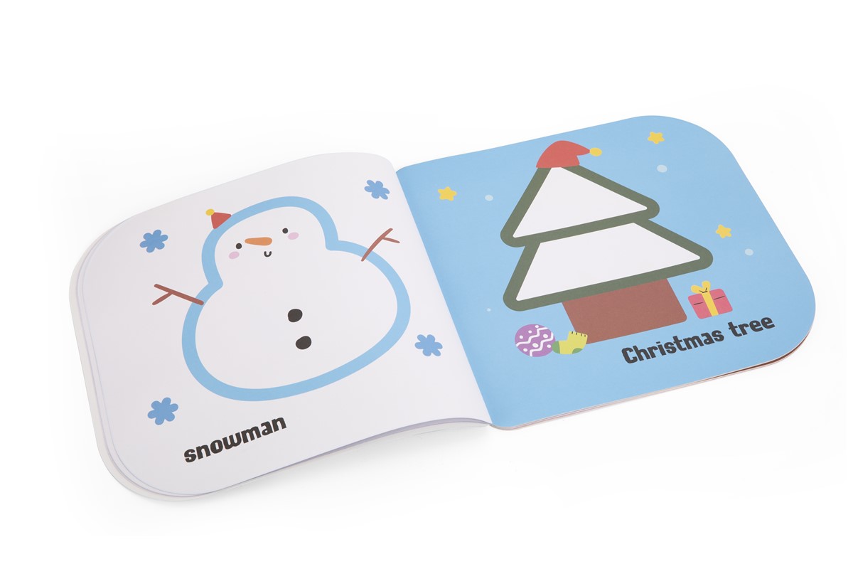 Livro infantil aberto com boneco de neve e árvore de Natal desenhados