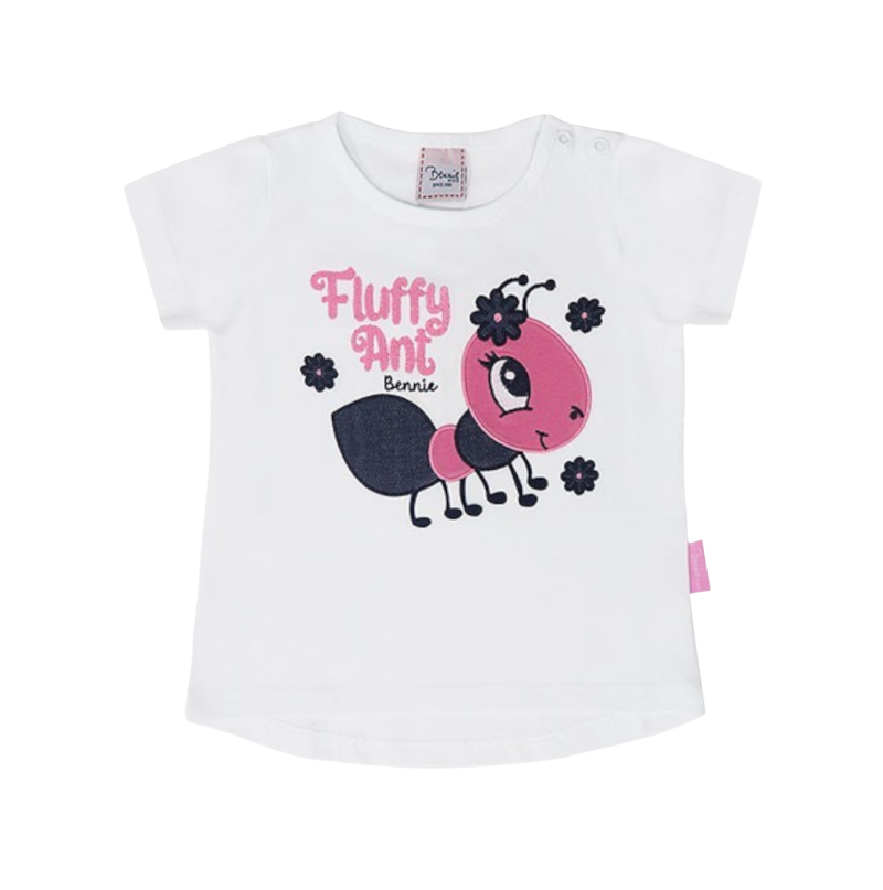 T-shirt branca de criança com estampa de formiga cor-de-rosa e preta e texto 'Fluffy Ant Bernie'