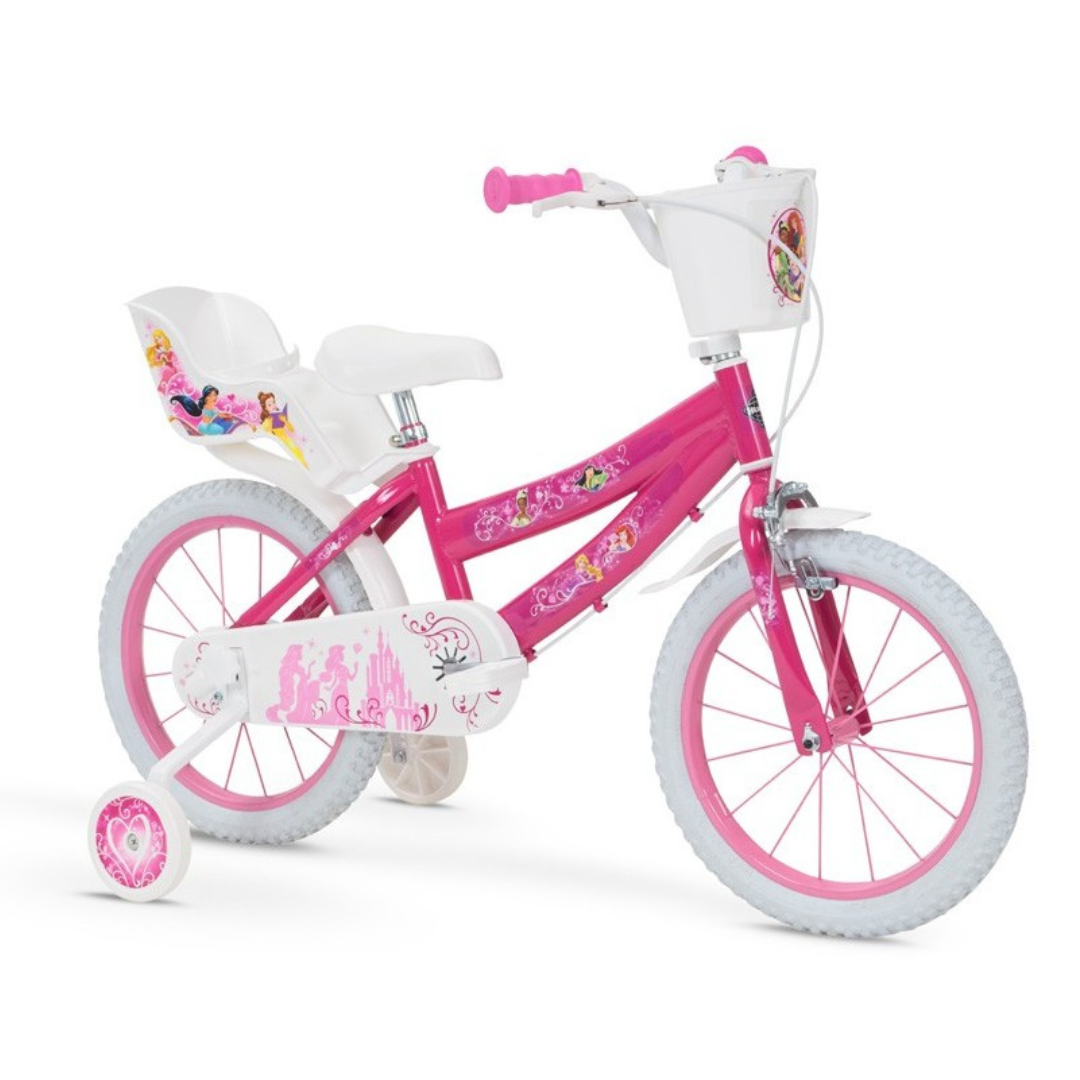 Bicicleta infantil rosa com acessórios e decoração de princesas