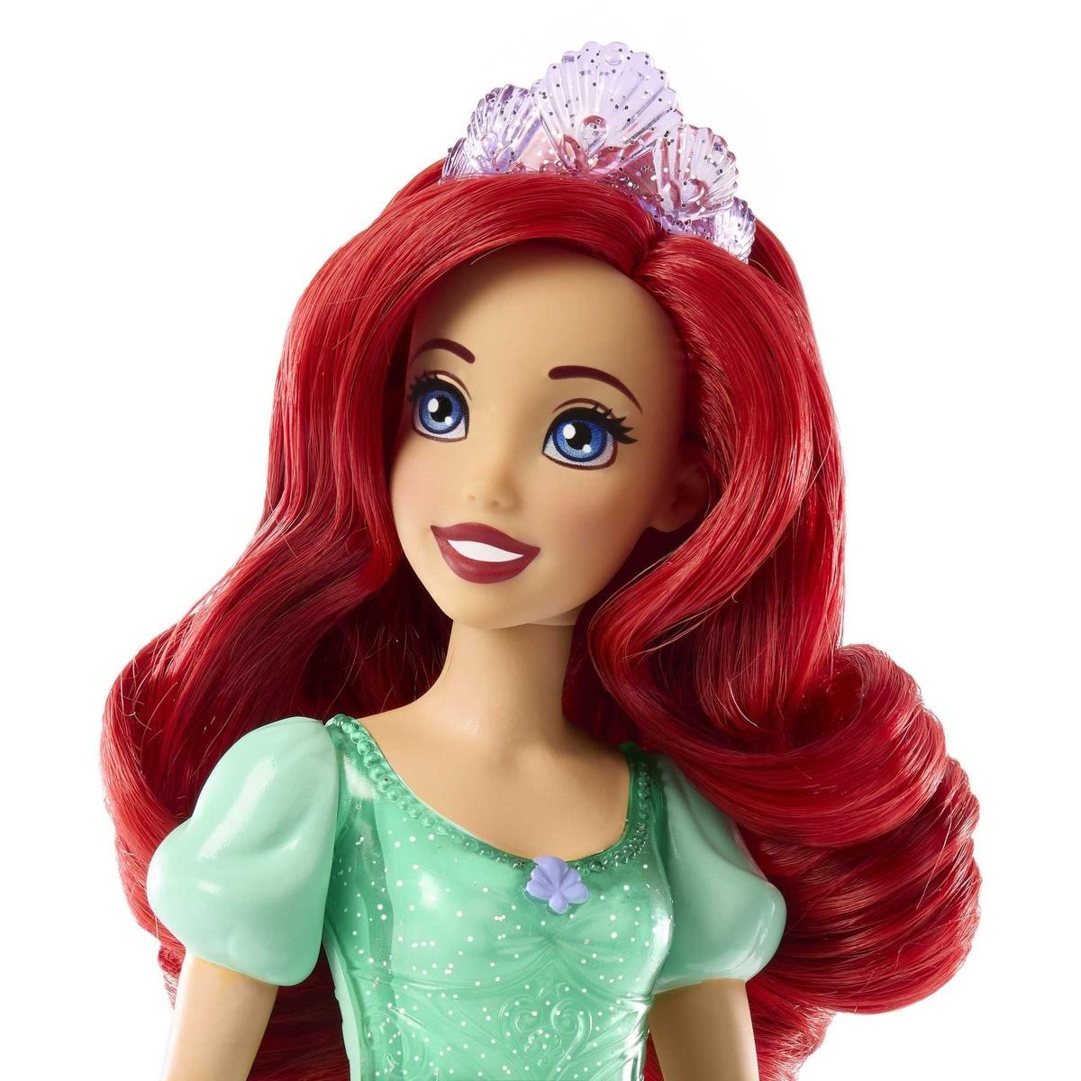 Boneca da princesa Ariel com vestido verde e tiara transparente