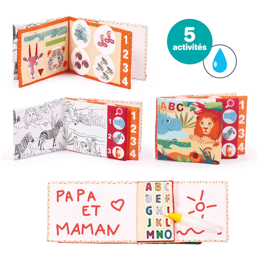 Livro de atividades infantil colorido com ilustrações de animais e letras do alfabeto.