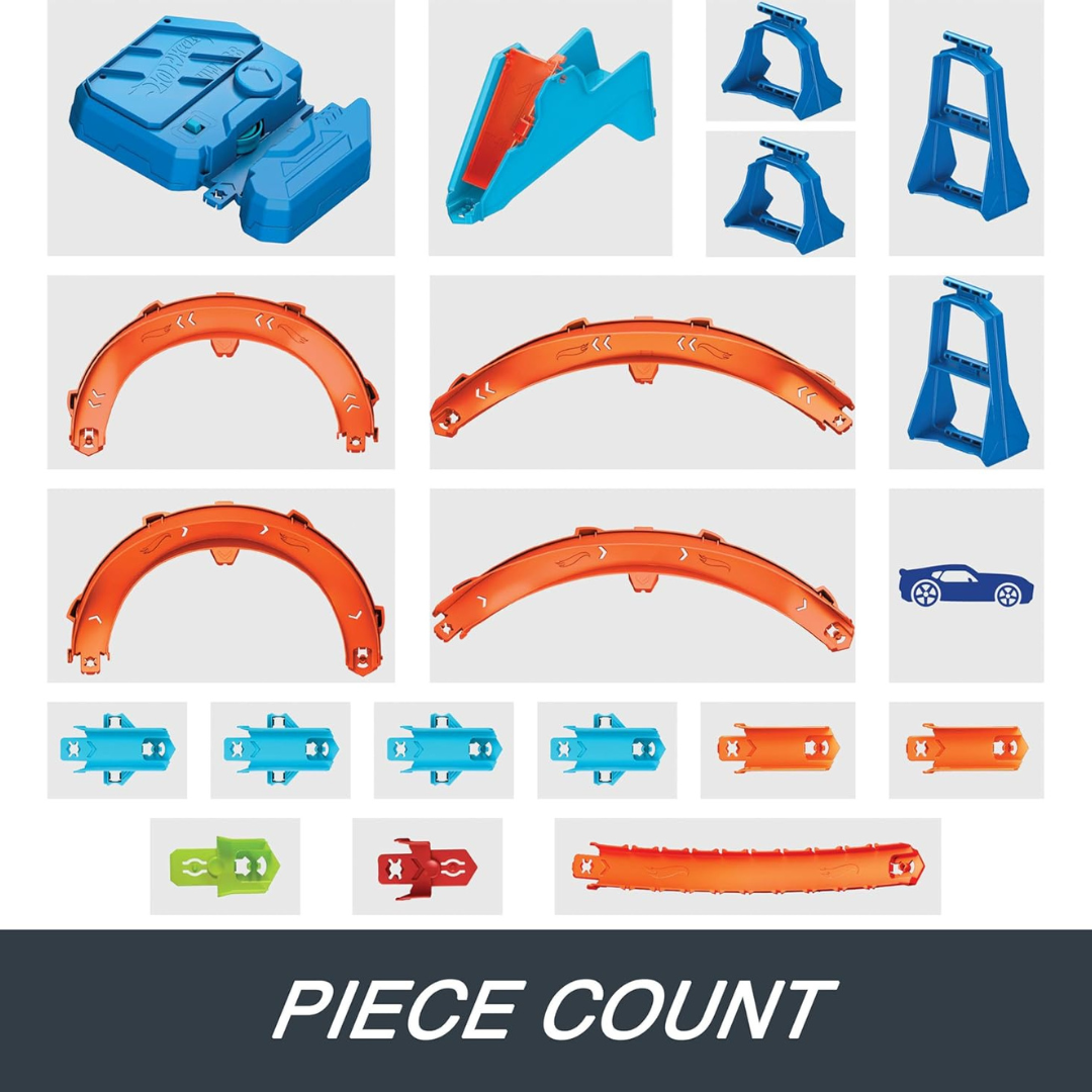 Peças de brinquedo para pista de corrida em plástico azul, laranja, verde e vermelho sobre fundo cinza