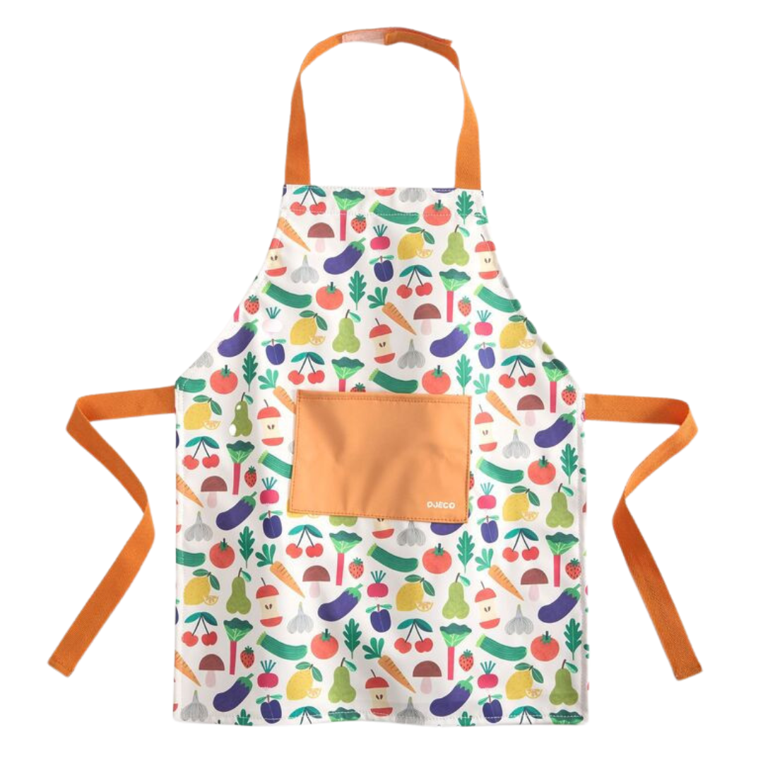 Avental com estampa colorida de frutas e legumes e bolso laranja.