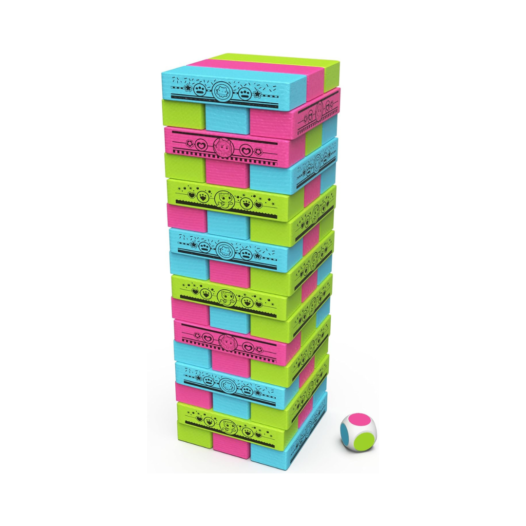 Jogo Jenga colorido com dados e blocos de madeira
