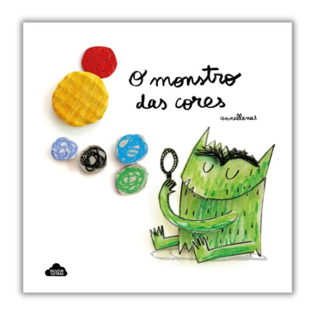 Capa de livro infantil 'O monstro das cores' com monstro verde a soprar bolhas coloridas