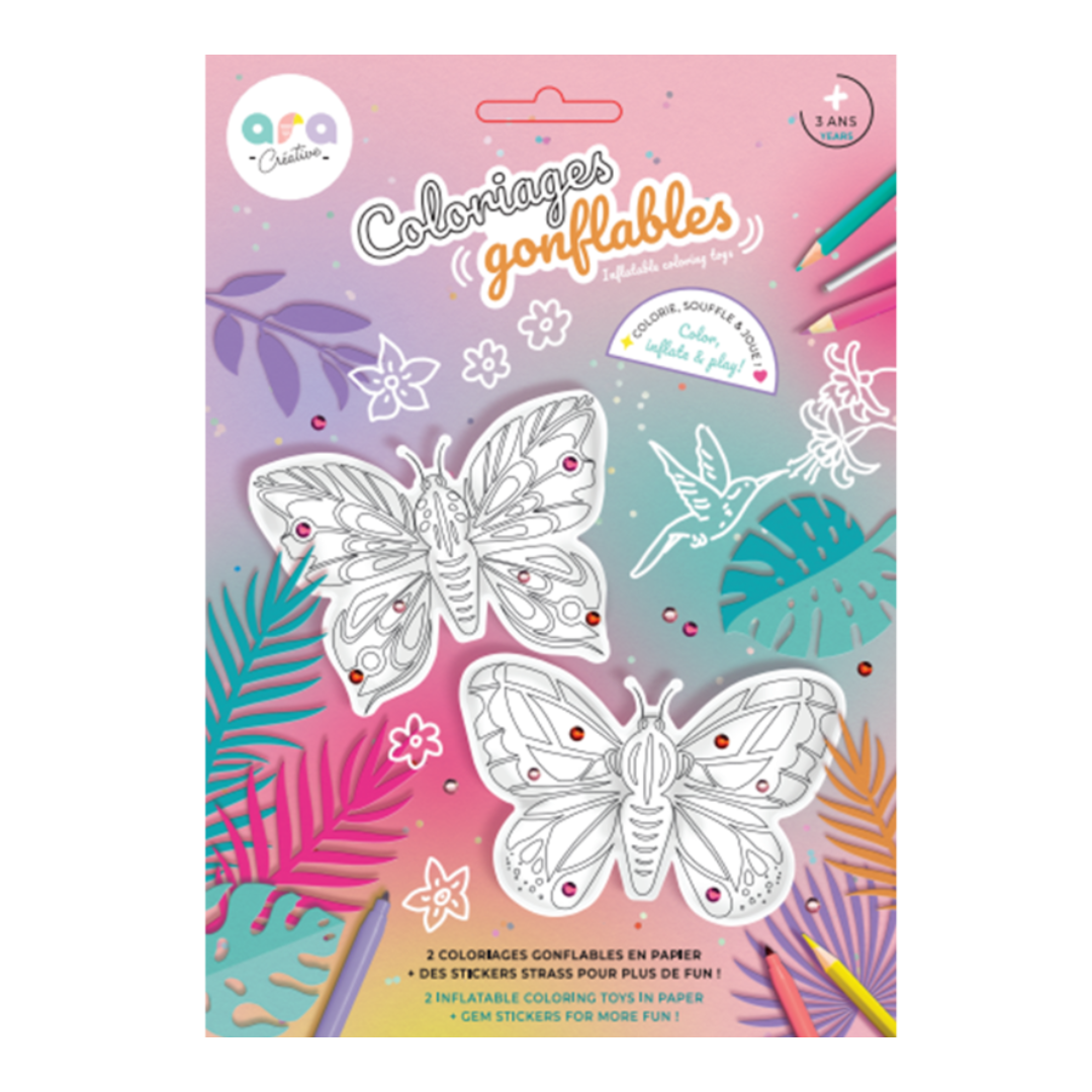 Pack de colorir insuflável com borboletas e autocolantes strass em fundo rosa e roxo