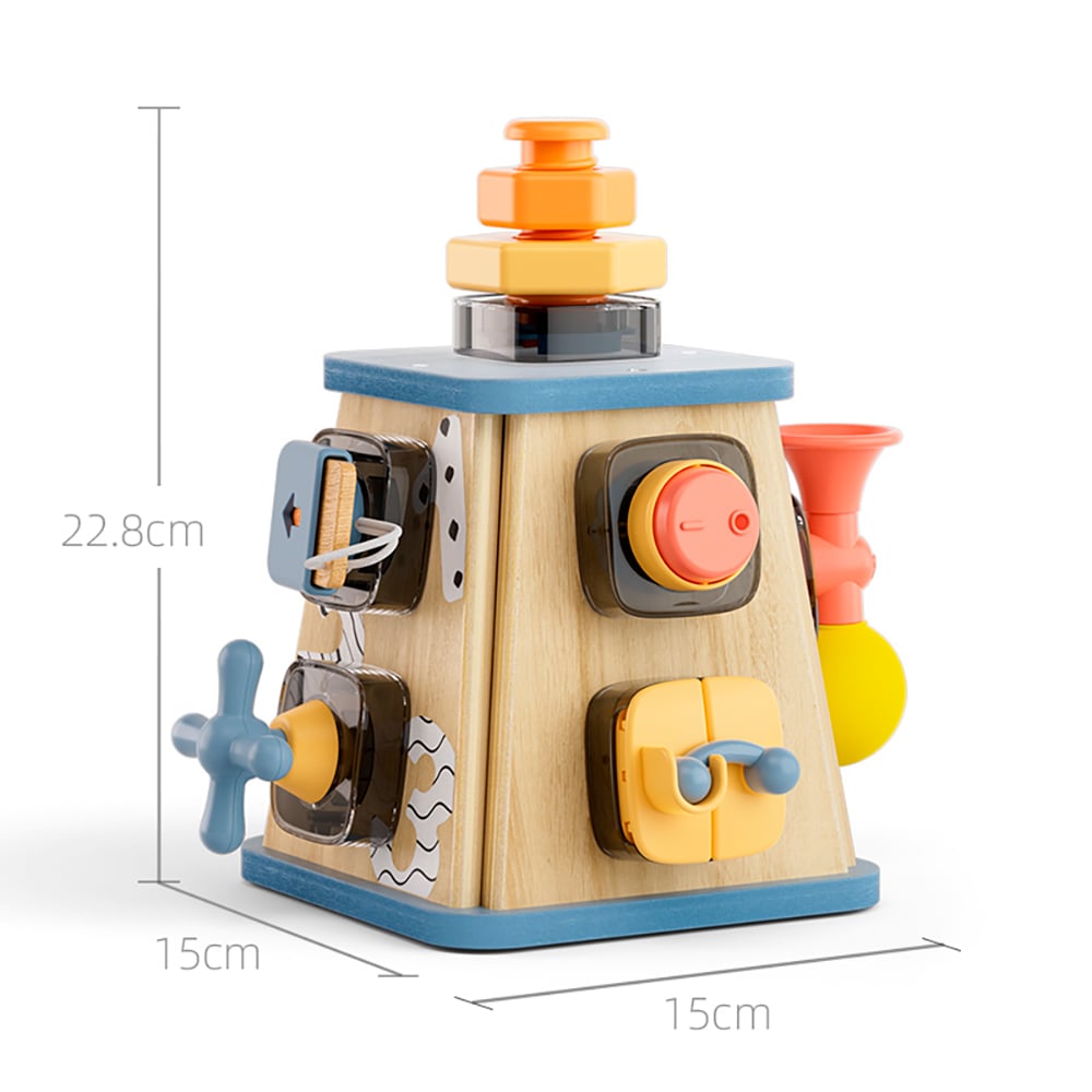 Brinquedo educativo multifuncional de madeira com peças coloridas.