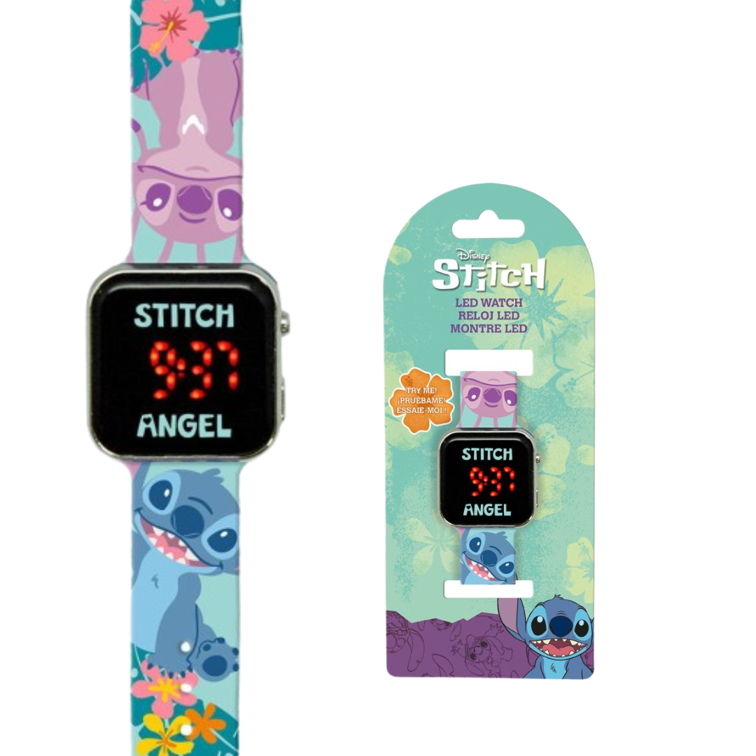 Relógio LED infantil Disney Stitch com bracelete azul e flores, mostrador digital com texto STITCH e ANGEL