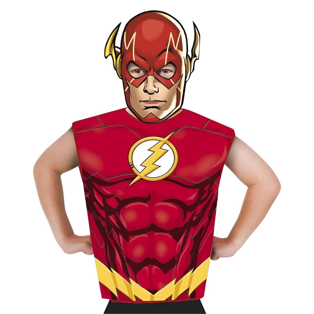 Fantasia infantil de super-herói vermelha com máscara e símbolo de raio amarelo