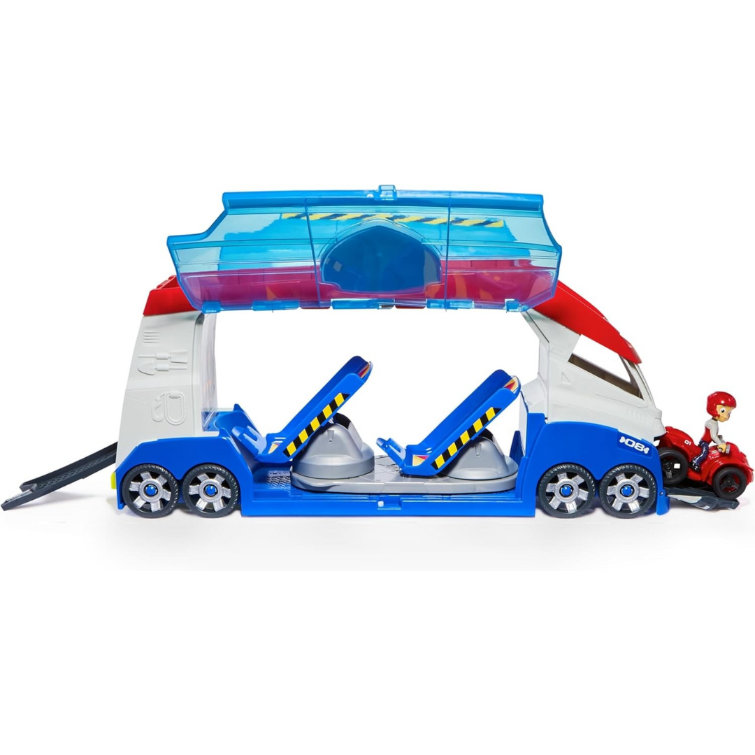 Brinquedo camião de transporte azul, branco e vermelho com porta superior transparente e figura em triciclo vermelho