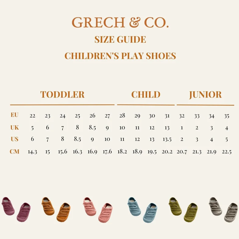 Guia de tamanhos GRECH & CO. para children's play shoes com tamanhos e sapatos coloridos exibidos