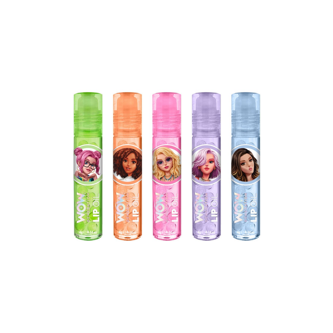 Cinco bálsamos labiais WOW LIP OIL coloridos com personagens femininas