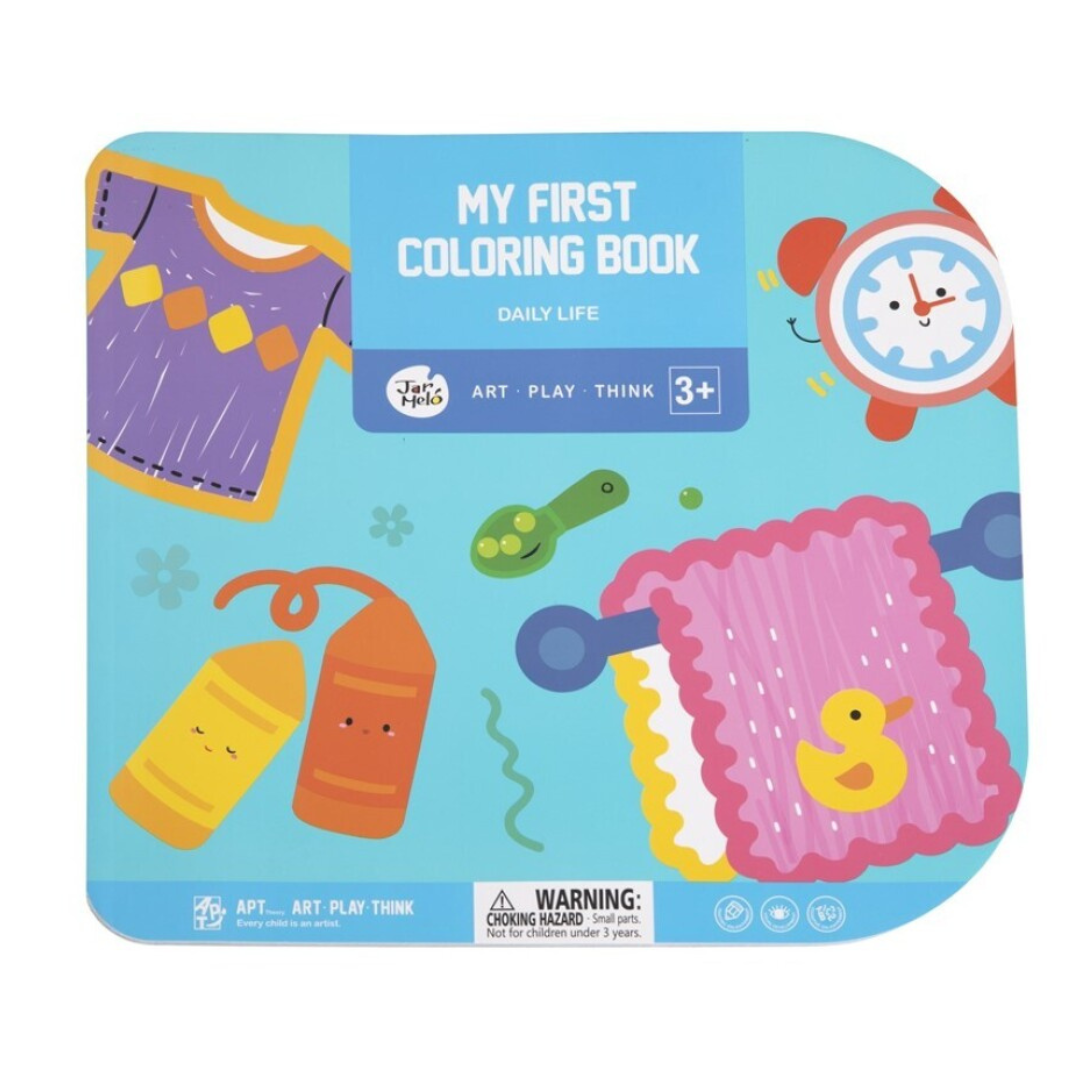 Livro infantil para colorir com capa azul e várias ilustrações coloridas