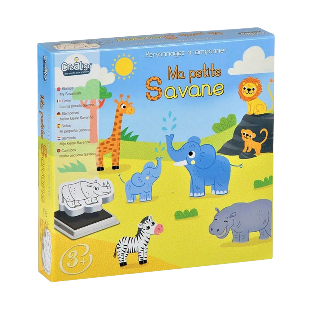 Caixa colorida de carimbos com animais da savana para crianças 3+