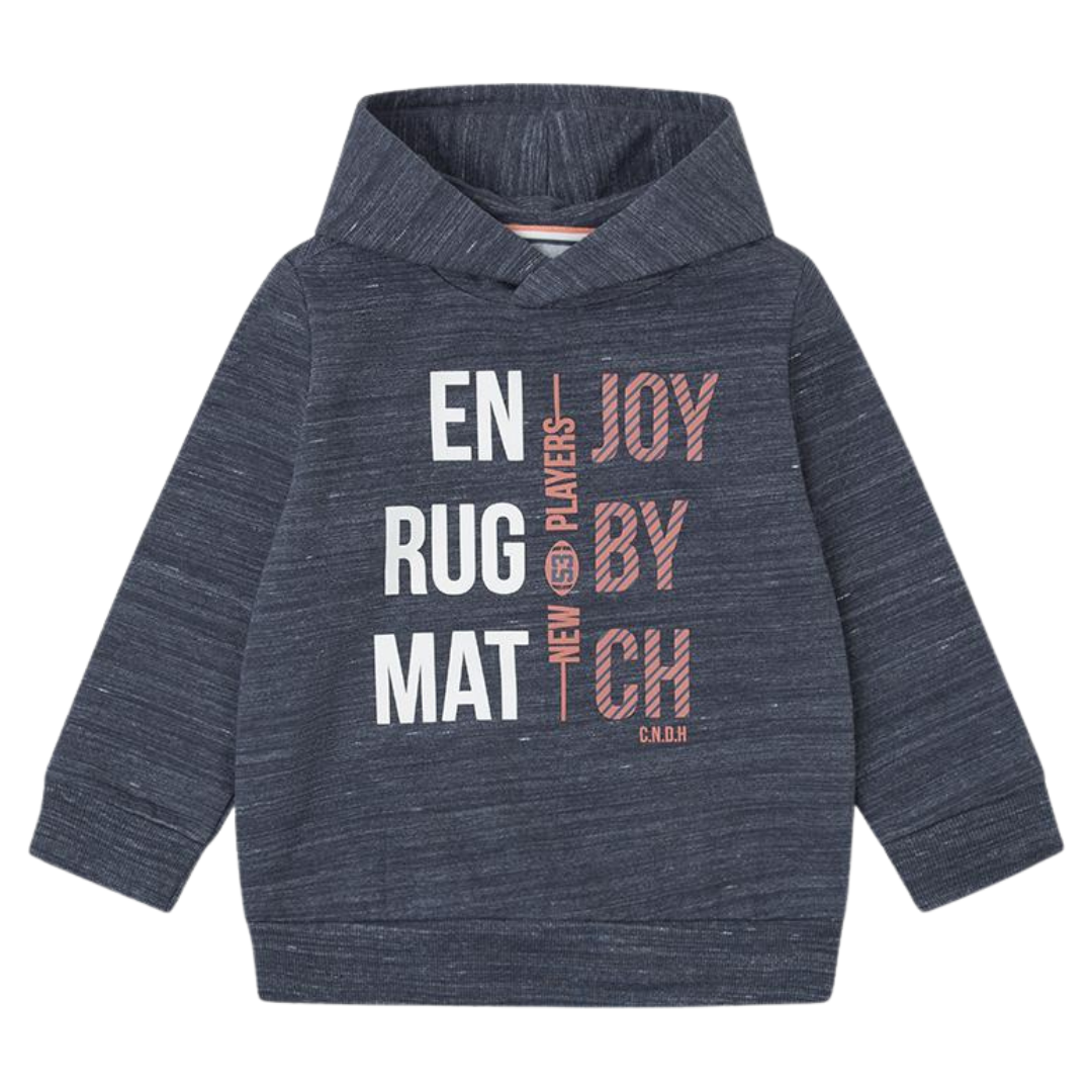 Sweatshirt azul escuro mesclado para criança com capuz e texto impresso na frente.