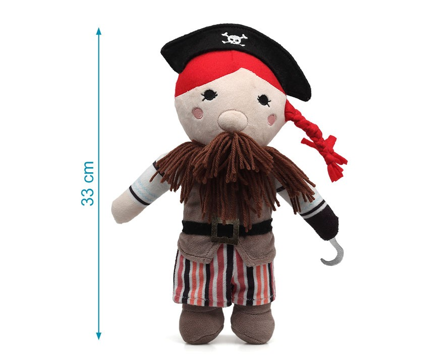 Boneco de peluche pirata com roupa às riscas e chapéu preto