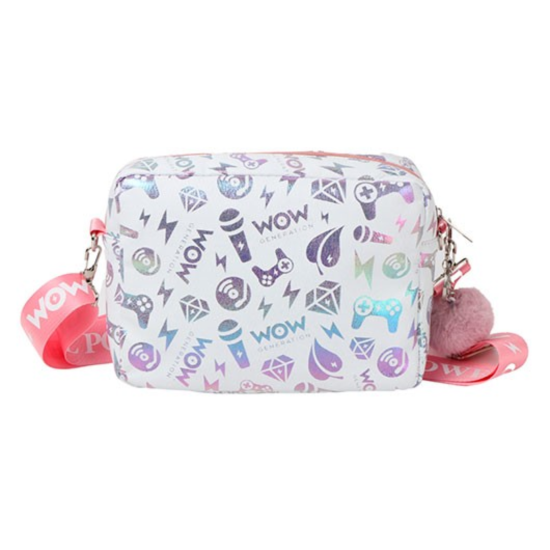 Mala pequena branca com padrão colorido e correia vermelha WOW