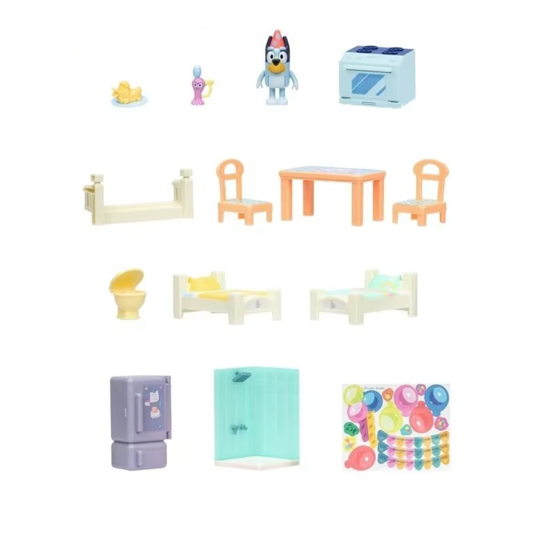 Miniaturas de móveis de brinquedo coloridos de cozinha e quarto em plástico