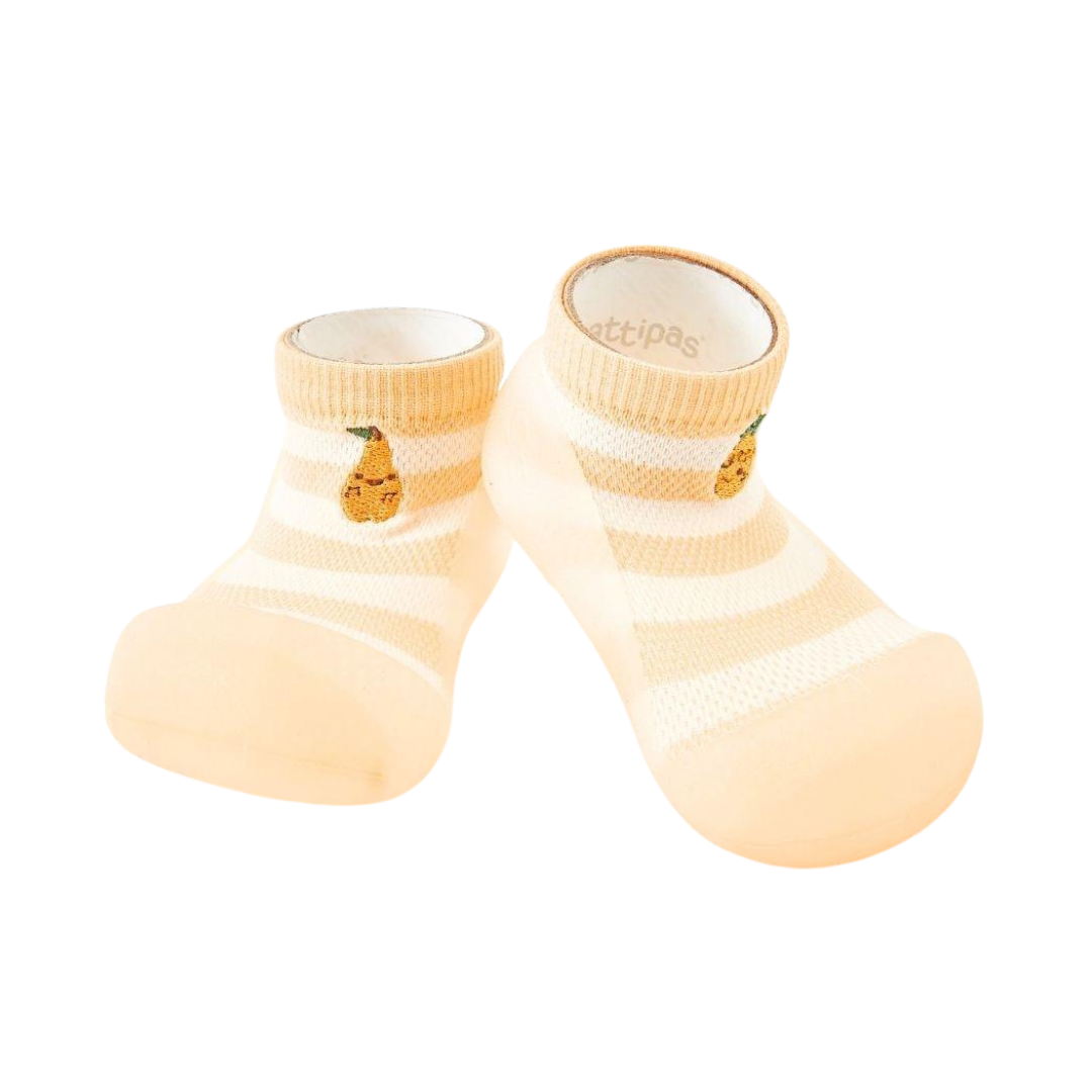 Sapatos para bebé elásticos às riscas creme e branco com pera bordada.