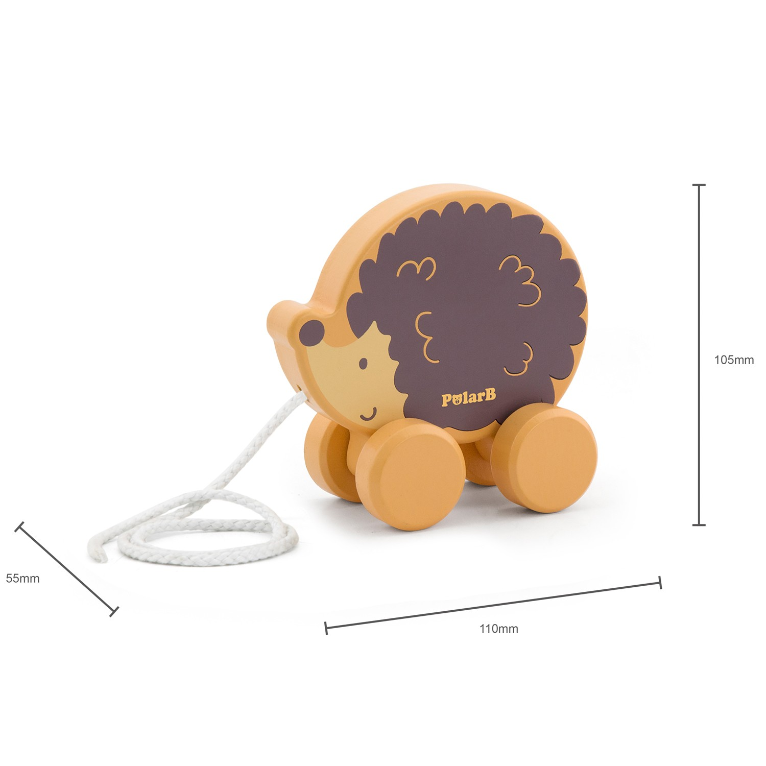 Brinquedo de puxar em forma de porco-espinho com rodas e cordão branco