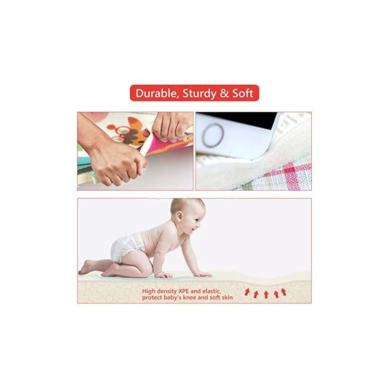 Tapete para bebé elástico e resistente com texto descritivo em inglês, bebé a engatinhar e mão a esticar o tapete.