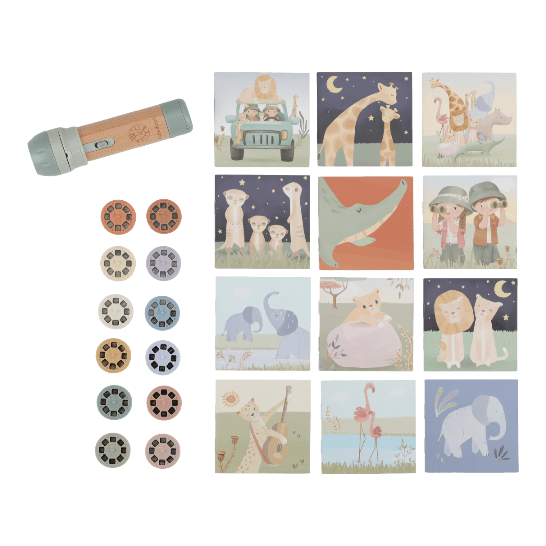 Projetor infantil com discos de imagens de animais e crianças.