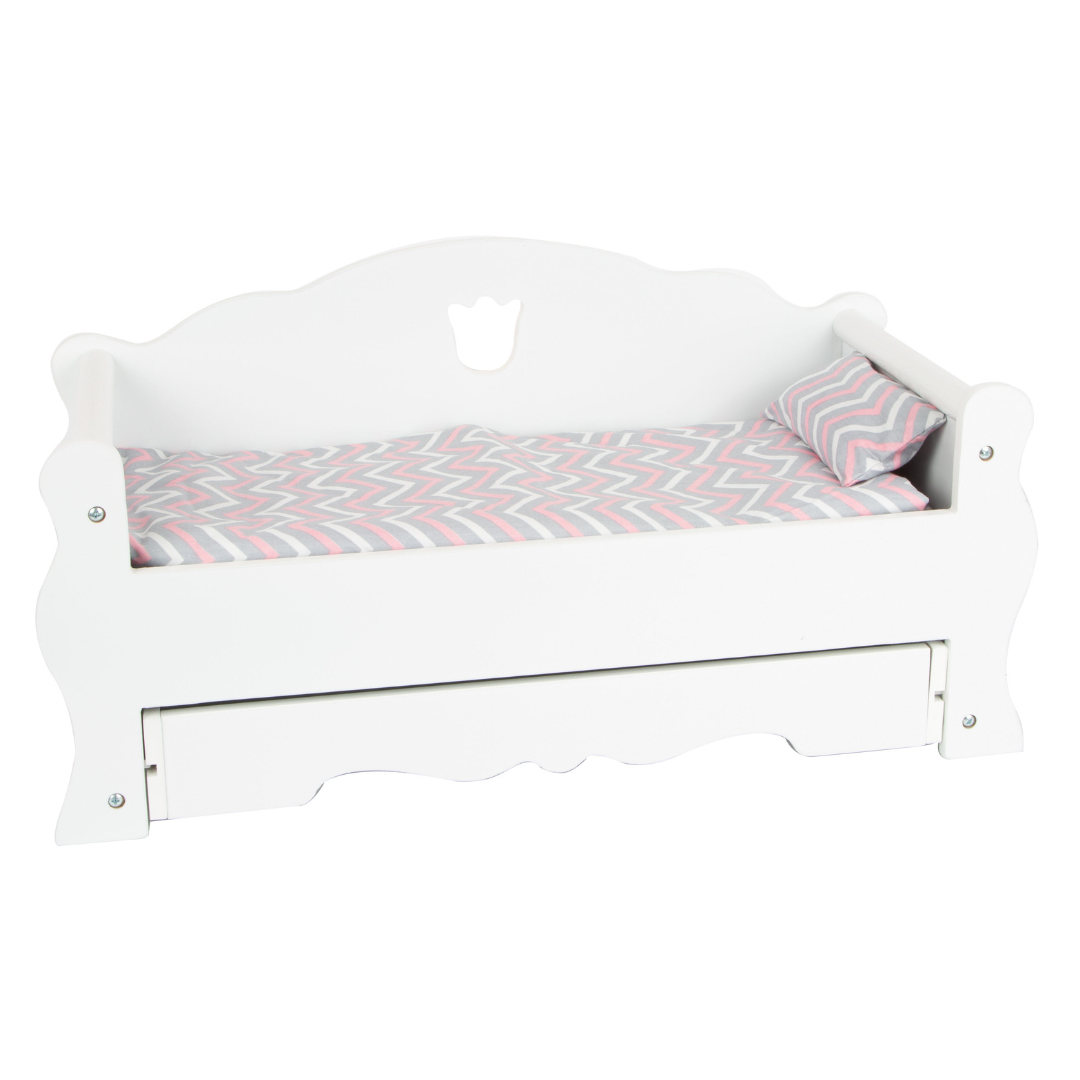 Cama branca de madeira com almofada cinza e rosa para criança ou boneca