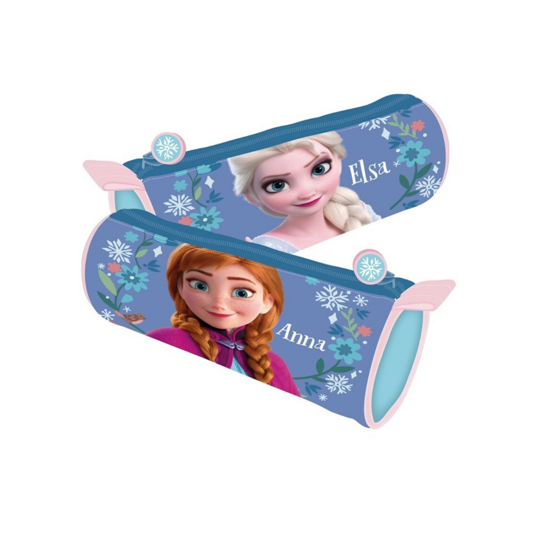 Dois estojos cilíndricos azuis com imagens das personagens Elsa e Anna do Frozen